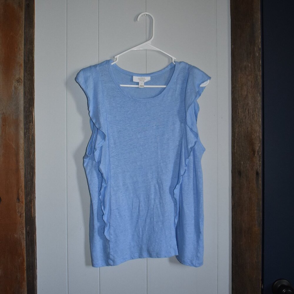 100% Linen Knit Ruffle Short-Sleeved Shirt Women's Size L